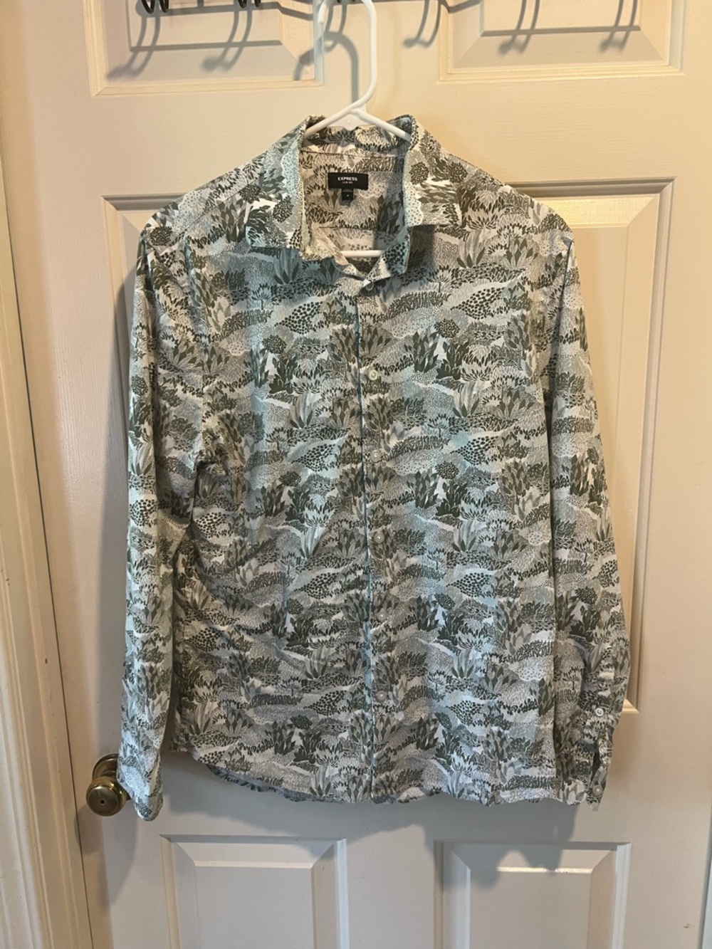 Express Olive & White Printed Long-Sleeve Shirt